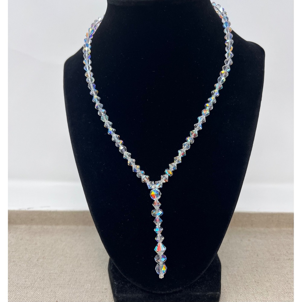 Vintage Givenchy Aurora Borealis Crystal Bead Y-Necklace Silver Tone Necklace